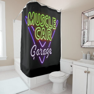 Muscle Car Garage Neon Sign Blue Green Shower Curtain
