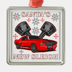 Muscle Car Santa's New Sleigh Ugly Holiday Sweater Metal Tree Decoration