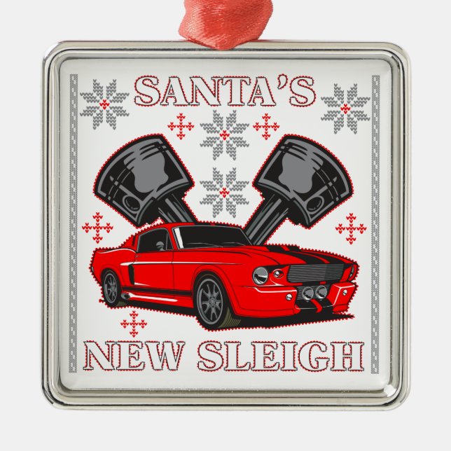 Muscle Car Santa's New Sleigh Ugly Holiday Sweater Metal Tree Decoration (Front)