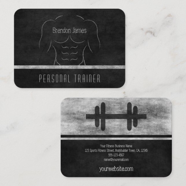 Muscle Man Fitness Coach Personal Trainer Black Business Card (Front/Back)