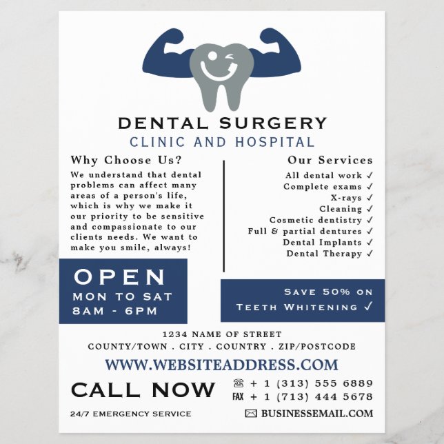 Muscle Tooth Logo, Dentistry, Dentist Advertising Flyer (Front)