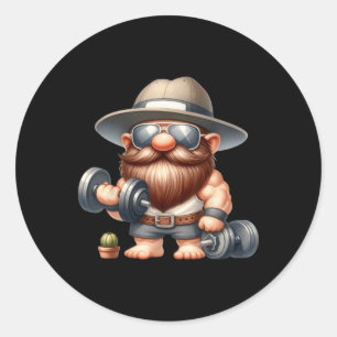 Muscleman Gnome With Dumbbells Funny Fitness Worki Classic Round Sticker