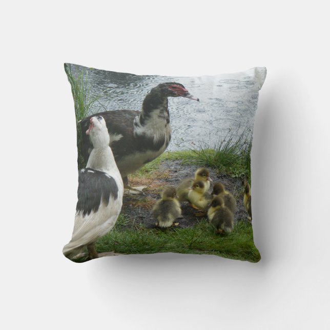 Muscovy Duck Family In The Rain Throw Pillow (Front)