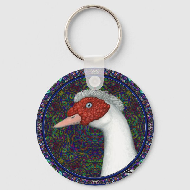 Muscovy Duck Head White Key Ring (Front)