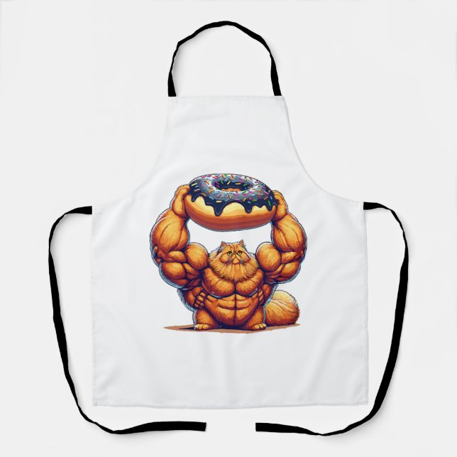 Muscular Cat Lifting Doughnut Apron (Front)