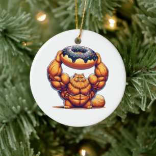 Muscular Cat Lifting Doughnut Ceramic Tree Decoration