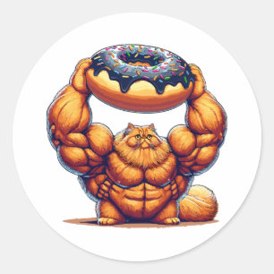 Muscular Cat Lifting Doughnut Classic Round Sticker