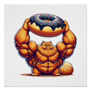 Muscular Cat Lifting Doughnut Poster