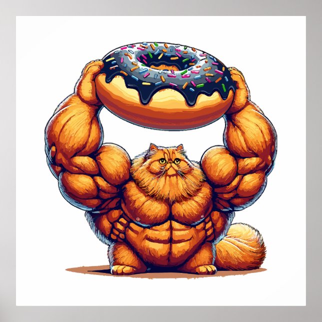 Muscular Cat Lifting Doughnut Poster (Front)