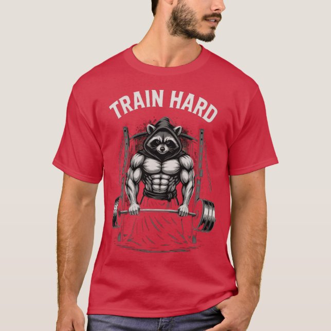 Muscular Raccoon Gym Warriorrain Hard Fitness Desi T-Shirt (Front)