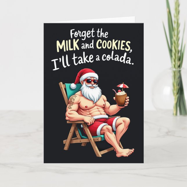 Muscular Santa Colada Funny Tropical Christmas Card (Front)