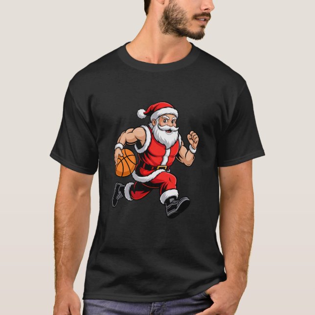 Muscular Santa Playing Basketball Christmas Sports T-Shirt (Front)