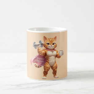 Muscular Super Mom Cat with Coffee Art Mug
