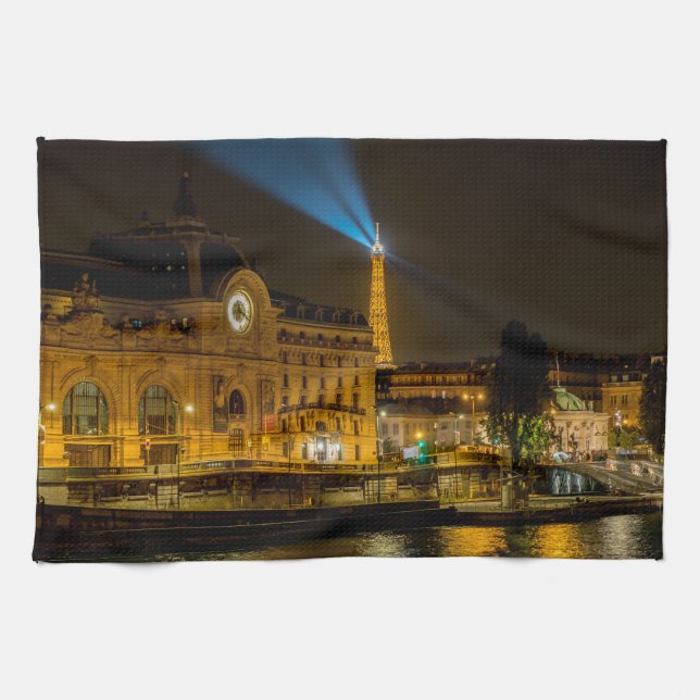 Musée d'Orsay in Paris at night Tea Towel (Horizontal)