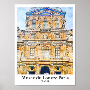 Musee du Louvre Paris Travel Watercolor Hand Drawn Poster