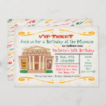 Museum Birthday Party Invitation Ticket<br><div class="desc">Cute and funky children's Museum birthday party invitation. Features a old museum with dinosaur,  scroll work and fun colorful fonts.
Great for a boy or girl birthday. Perfect for a sleepover theme too. Hand drawn illustration by McBooboos</div>
