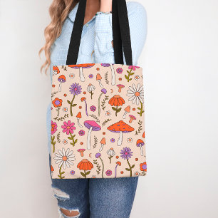 Mushroom and Floral Colourful Nature Inspired Tote Bag