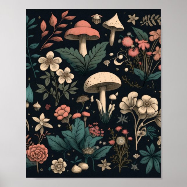 Mushroom and Flower White and Pink Colour Scheme Poster (Front)