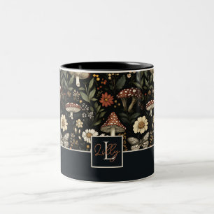Mushroom and Flowers Cottagecore pattern with name Two-Tone Coffee Mug