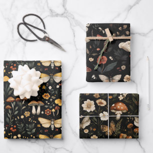 Mushroom and Flowers Cottagecore Pattern Wrapping Paper Sheet