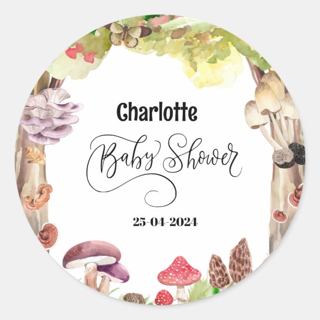 mushroom baby shower woodland forest  classic round sticker (Front)