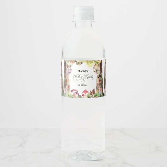 mushroom baby shower woodland forest  water bottle label (Front)
