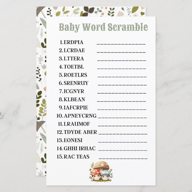 Mushroom Baby Word Scramble  (Front/Back)