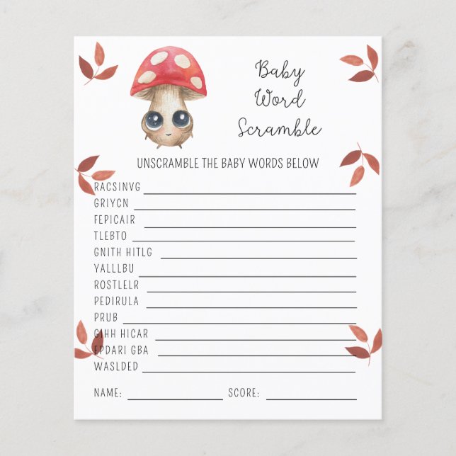 Mushroom - Baby Word Scramble | Baby Shower Game (Front)