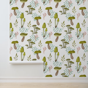 Mushroom Botanical Green and White Peel and Stick Wallpaper