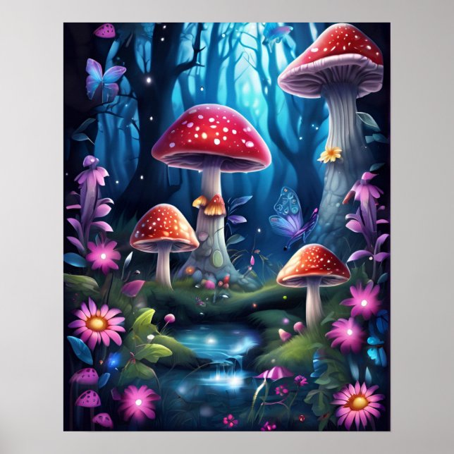 Mushroom Butterfly Enchanted Forest BLUE THEME Poster (Front)