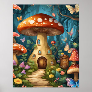 Mushroom Butterfly Enchanted Forest Poster