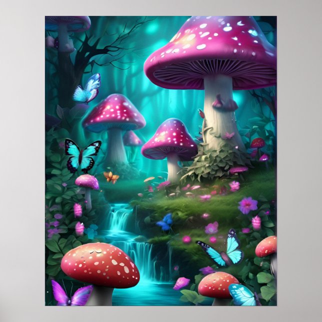 Mushroom Butterfly Enchanted Forest TEAL THEME Poster (Front)