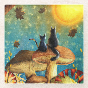 Mushroom Cats  Glass Coaster