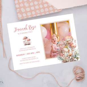 Mushroom Cute Blush Pink Woodland Photo Birthday Invitation