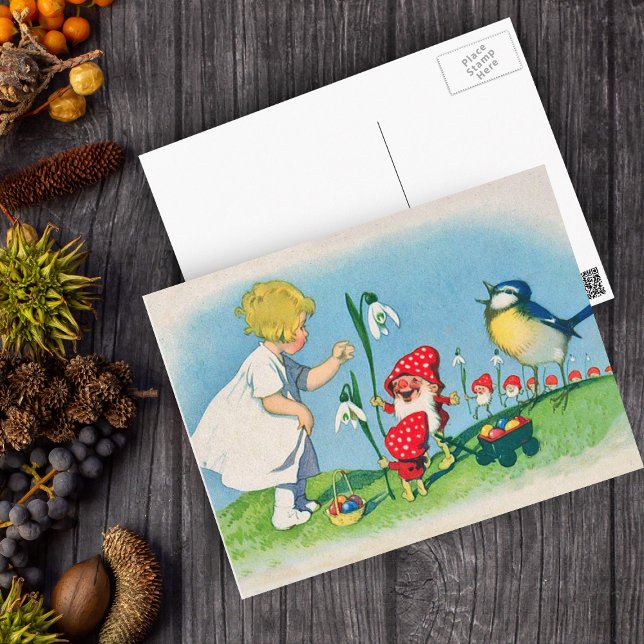 Mushroom Elves Easter Postcard (Little girl with cute elves by Easter lily flowers basket of Easter eggs on Easter Holiday postcard.)