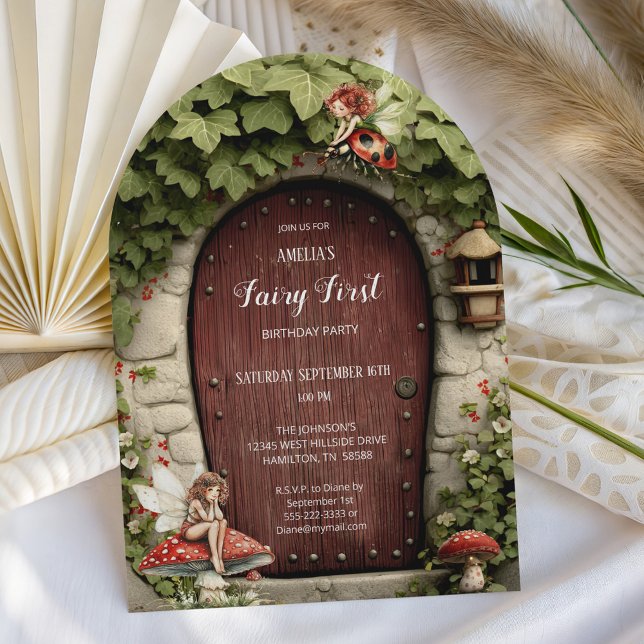 Mushroom Fairy First Birthday Party Invitation (Mushroom and Fairy Door  Fairy First Birthday Party Invitation)