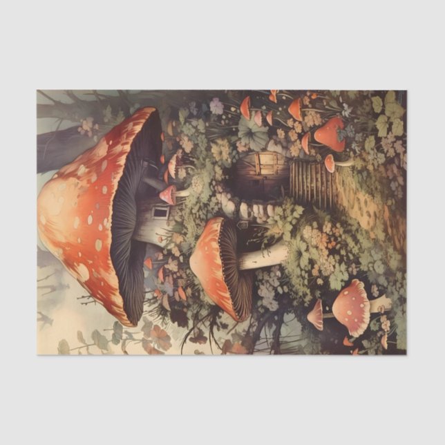 Mushroom Fairy House Among Flowers Illustration Tissue Paper (Front)