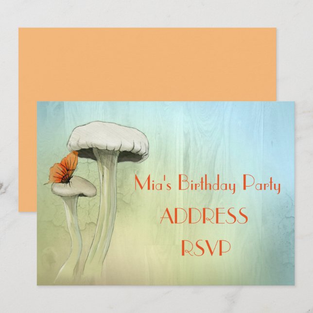 Mushroom fairy watercolour girl's birthday party invitation (Front/Back)