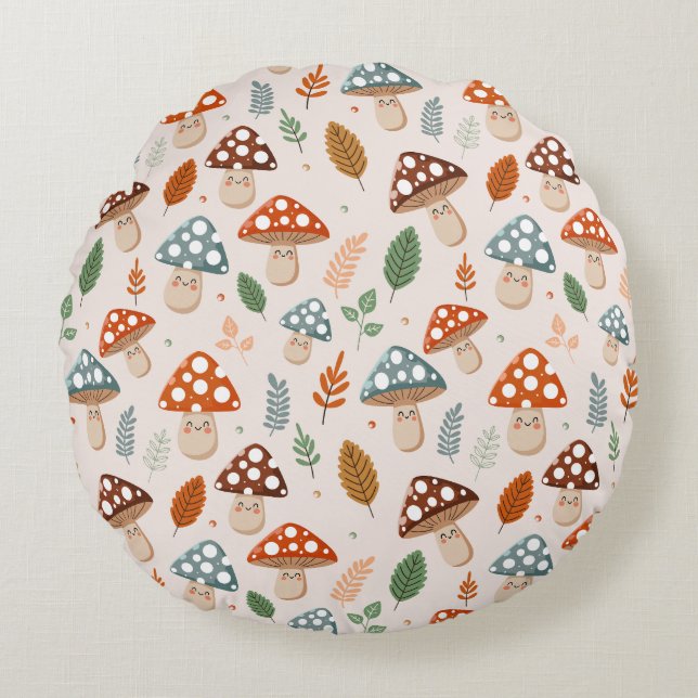 Mushroom, Fall foliage, Nature Patten  Round Cushion (Front)