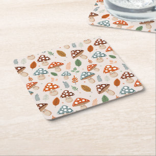 Mushroom, Fall foliage, Nature Patten Square Paper Coaster
