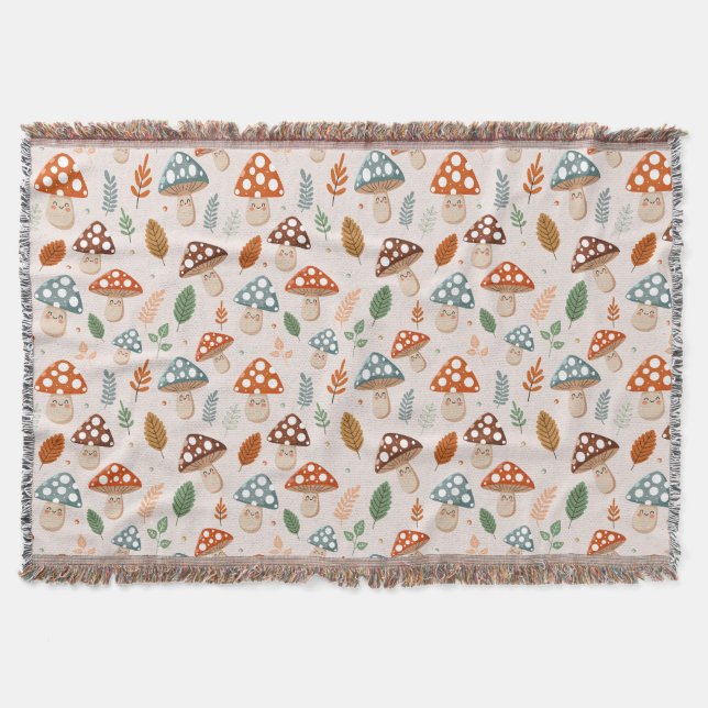 Mushroom, Fall foliage, Nature Patten  Throw Blanket (Front)
