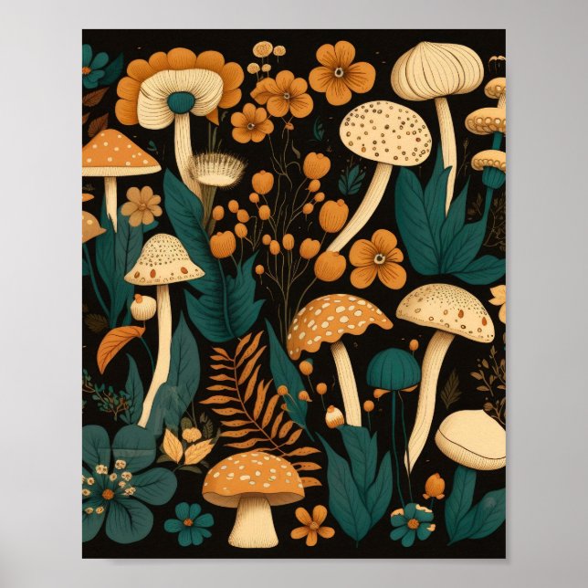 Mushroom Fern and Flower Illustration Pattern Poster (Front)