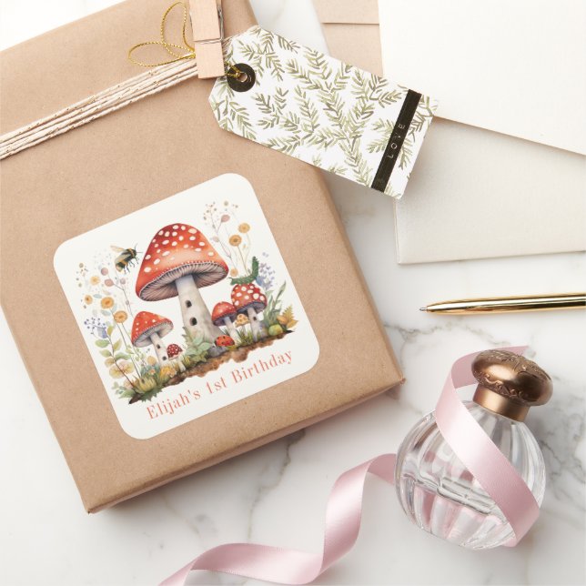 Mushroom Floral Bee Worm Boy Birthday Square Sticker (Gifting)