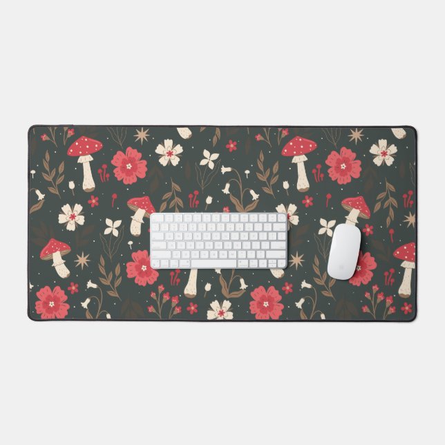 Mushroom floral dark botanical cottage desk mat (Keyboard & Mouse)