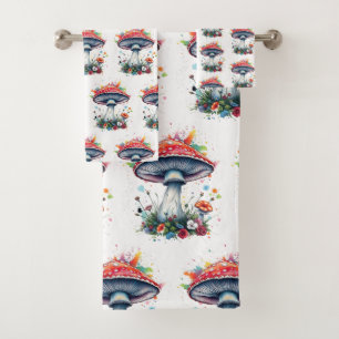 Mushroom Flowers Woodland Colourful Splash  Bath Towel Set