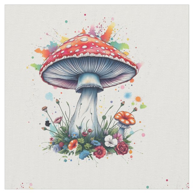 Mushroom Flowers Woodland Colourful Splash  Fabric (Close Up)