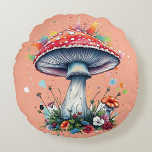 Mushroom Flowers Woodland Colourful Splash Round Cushion