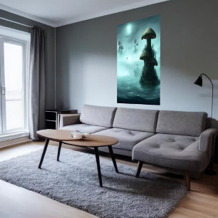 Mushroom, fog and ocean    AI Art  Poster