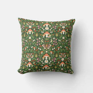 Mushroom Forest Green Woodland Throw Pillow