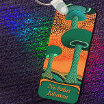 Mushroom Funky Trippy Orange & Green Psychedelic Key Ring<br><div class="desc">Add any name to this cool keychain for a personalised psychedelic key fob. Trippy mushrooms tower into the sky in bright orange and avocado green. It's a funky little token gift,  and a useful way to spot your keys from a mile away!</div>